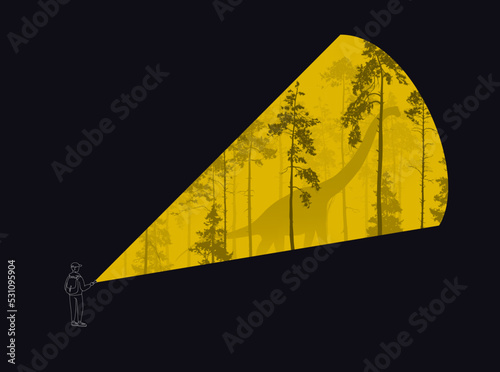 a boy illuminates a forest with a dinosaur with a flashlight, vector illustration, linear hand drawing, forest silhouette composition