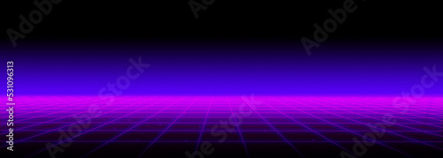 3d abstract 1980's retrowave, cyberpunk background with copy space, neon perspective grid