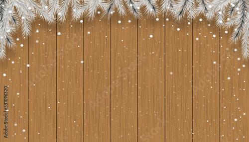 Christmas background with snowflakes on brown wood texture,Vector Winter scene with snowing on wooden panel texture,3D display banner backdrop for New Year 2023 or Christmas promotion