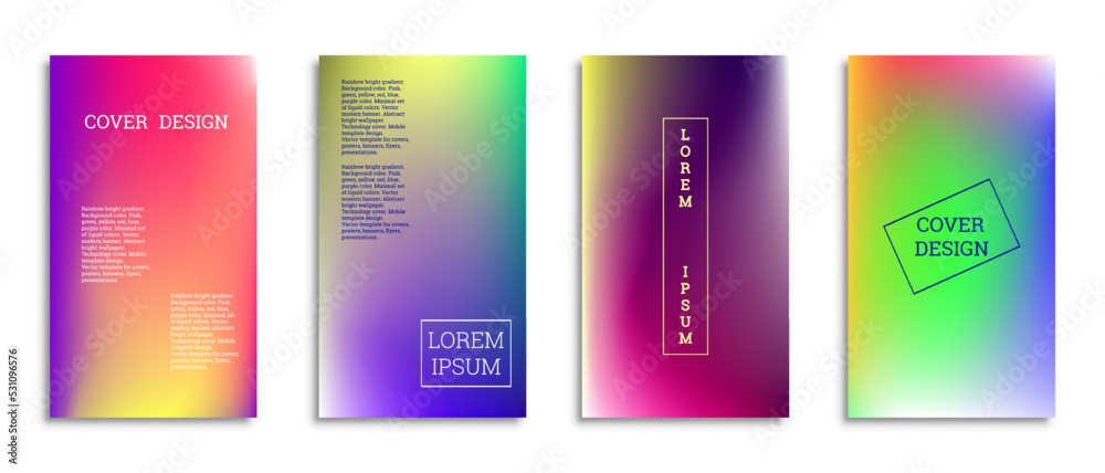 Bright gradient background for the cover. Set of 4 covers. Creative modern vector illustration. Holographic spectrum. Bright gradient background for the cover. Set of 4 covers. Creative modern vector illustration. Holographic spectrum.