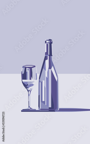 A bottle of wine and next to it a glass of wine in an abstract mosaic style in a trendy very peri color. Monochrome.