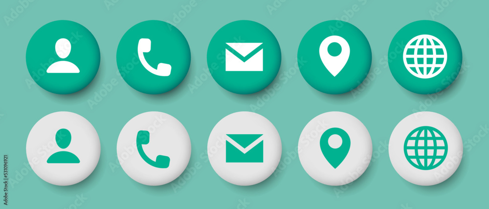 Business card icons in claymorphism style. Round buttons. Set of vector ...