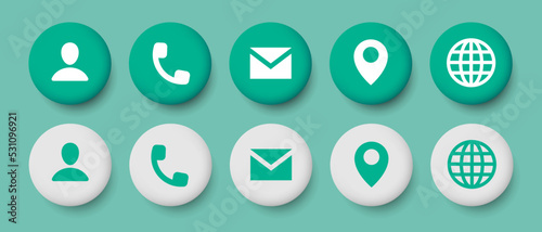 Business card icons in claymorphism style. Round buttons. Set of vector clipart isolated on white background. Contacts icons.	