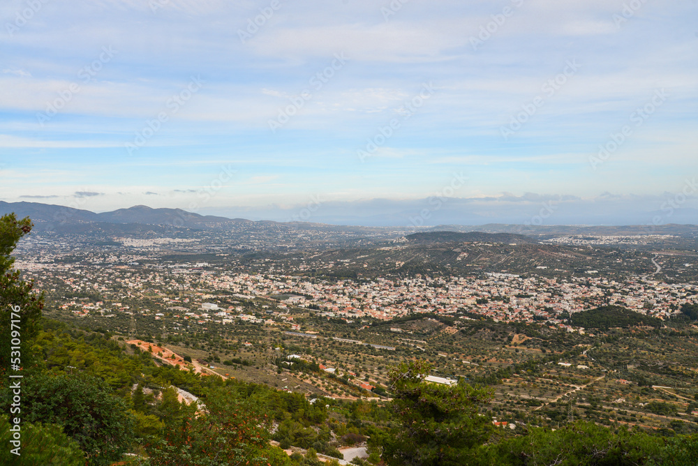 Athens cloudy cityscape panorama from mount Hymettus.