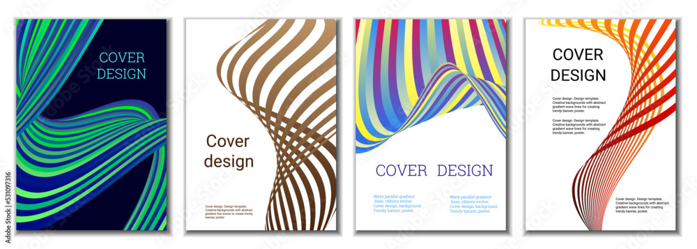 A set of 4 abstract covers. Wavy parallel gradient lines, ribbons evolve. Cover design, background. Trendy banner, poster. A set of 4 abstract covers. Wavy parallel gradient lines, ribbons evolve. Cover design, background. Trendy banner, poster.