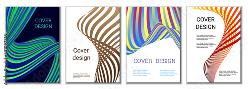 A set of 4 abstract covers. Wavy parallel gradient lines, ribbons evolve. Cover design, background. Trendy banner, poster.