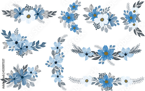 Fototapeta Naklejka Na Ścianę i Meble -  set of blue watercolor floral frame for wedding card