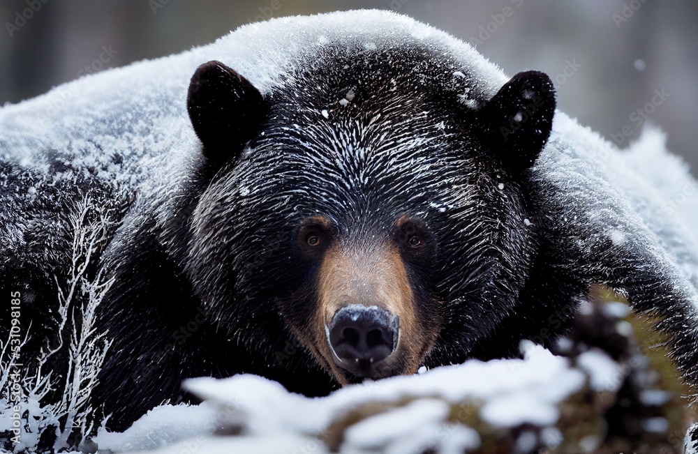 Generative AI Black Bear Hibernating in the Winter Snow with Frosted ...