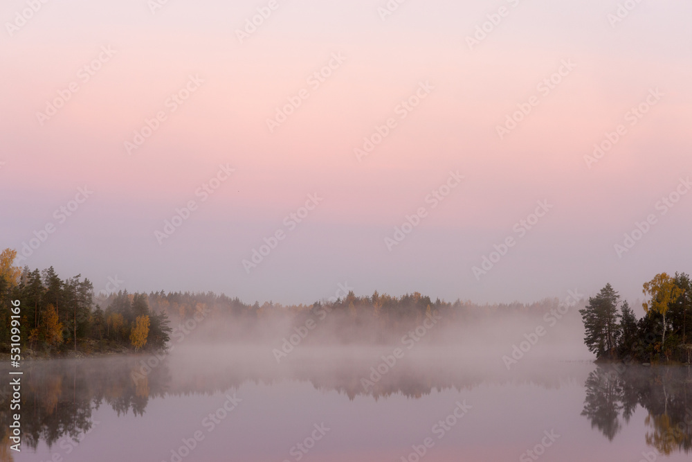 landscape with fog on an autumn forest lake
