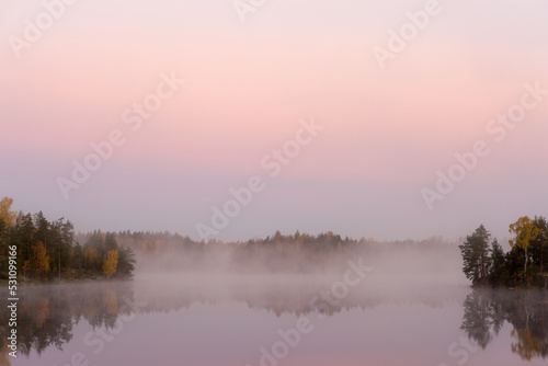 Fototapeta Naklejka Na Ścianę i Meble -  landscape with fog on an autumn forest lake