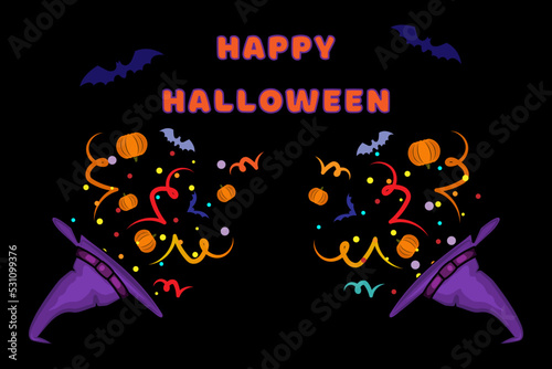 Illustration with witch hats from which a festive salute of ribbons  pumpkins  bats and various confetti scatters. Holiday and fun atmosphere. Happy Halloween.