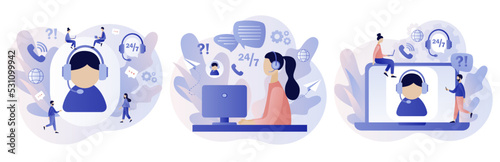Customer service. Call center. Online support concept. Hotline operator in headset consults client. Modern flat cartoon style. Vector illustration on white background