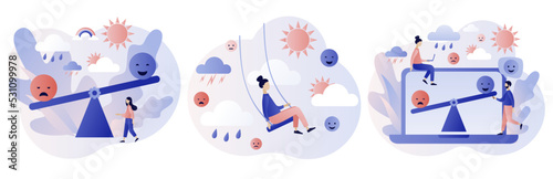 Mood swings. Emotions change. Psychology disorder, mental problem, stress, anxiety and life crisis. Bipolar emotion. Emotional balance. Modern flat cartoon style. Vector illustration 