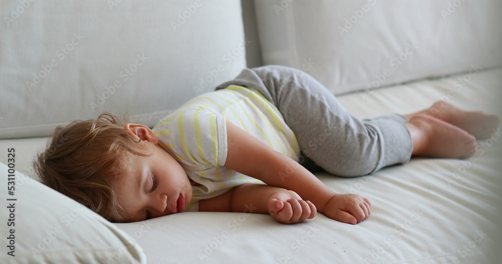 Baby boy asleep on couch, candid one year old toddler infant child sleeping during afternoon nap
