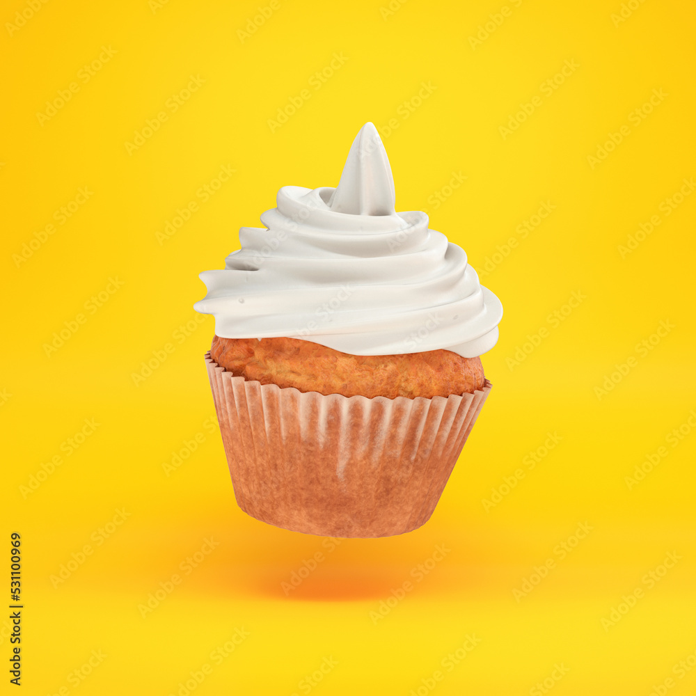 Cupcake with white cream floating on a yellow background, 3d render Cupcake with white cream floating on a yellow background, 3d render
