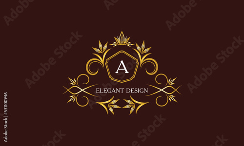 Golden logo template for label or vintage signs with letter A. Geometric ornament, isolated design, gold on dark background. Elegant fashionable lace