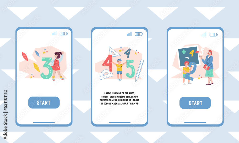 Children online education and distant schooling set of designs for mobile app onboarding page. Online courses and educational distant internet programs for kids start pages kit, vector Illustration.