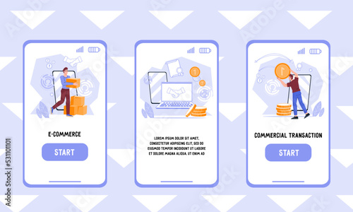 Dropshipping E-commerce and money transaction concepts for mobile app onboarding page. Online bank and E-Commerce mobile phone start pages design, flat vector Infographics Illustration.
