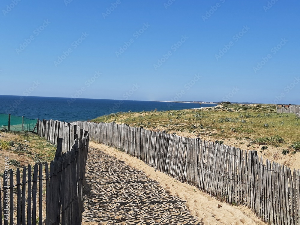 Wooden jetty on the beach on the Atlantic Ocean with sea and sun