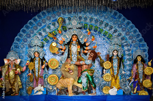 Goddess Durga idol at decorated Durga Puja pandal, durga idol of kolkata durga puja festival