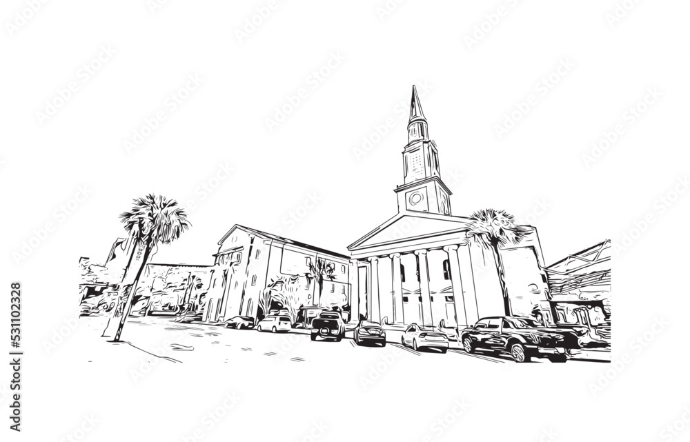 Building view with landmark of Orlando is the 
city in Florida. Hand drawn sketch illustration in vector.