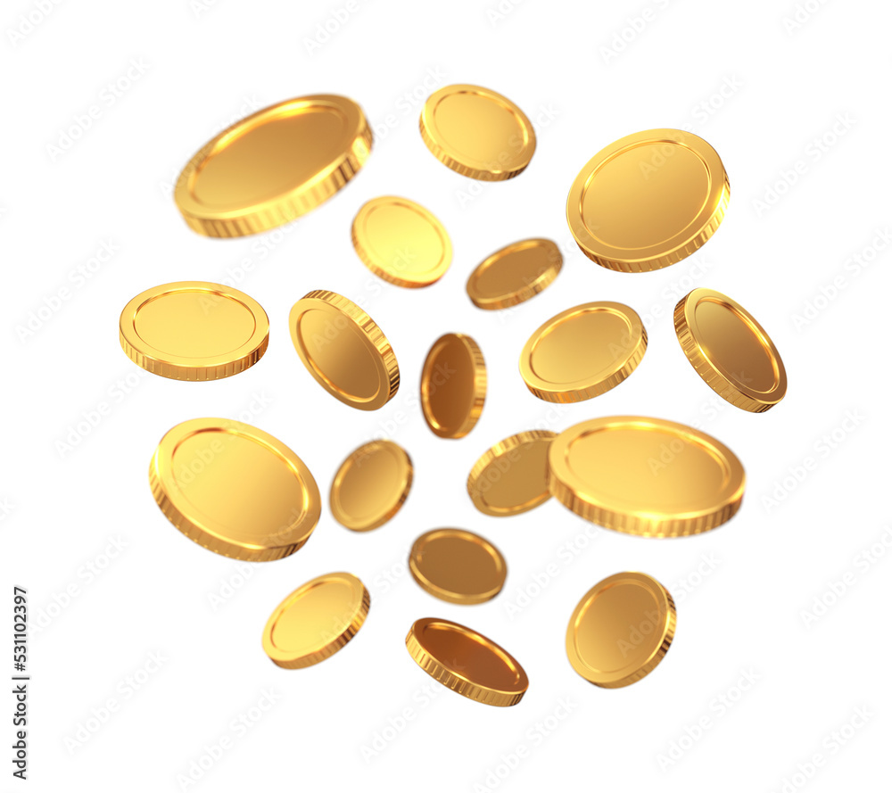 Flying gold coins, depth of field, 3d render Flying gold coins, depth of field, 3d render