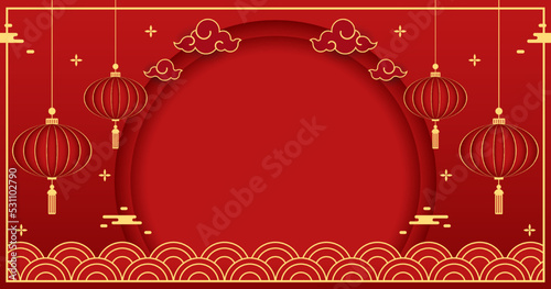 Happy Chinese new year 2023. Chinese new year banner with circle for show product. Greeting card. China frame with lantern on red background.