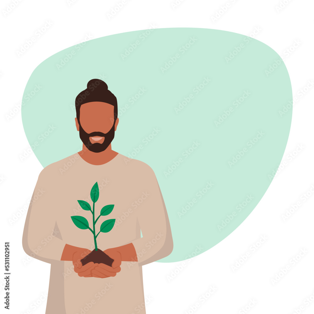 Smiling farmer holding soil and a sprouting plant Smiling farmer holding soil and a sprouting plant