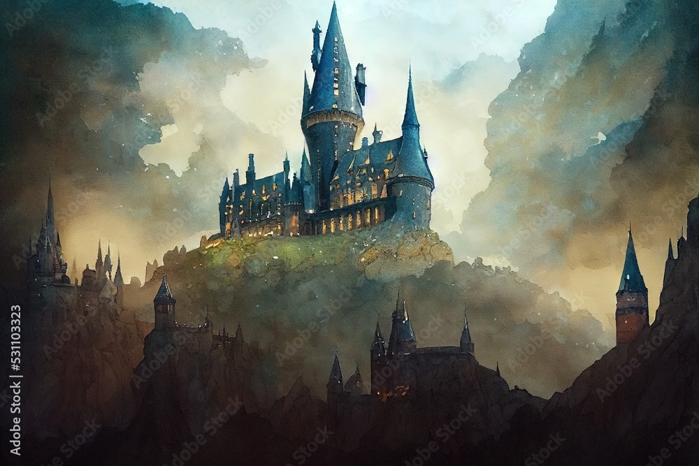 Dark fantasy castle. Magician medieval city. With tall black tower. Fortress of the king with stone walls.  Watercolor art concept. Historical architecture painting. Sketch of magic city. - obrazy, fototapety, plakaty 