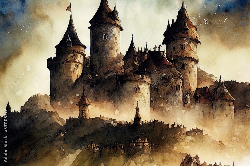 Medieval fantasy castle illustration. Watercolor painting of imaginary  fantastic old castle. Old town of the king. Fortress with stone walls.  Magic city filled with adventure and magician. Concept art Stock  Illustration