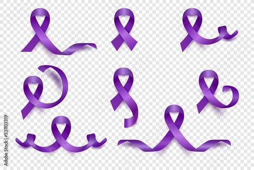 Vector 3d Realistic Purple Ribbon Set. Pancreatic Cancer Awareness Symbol Closeup. Cancer Ribbon Template. World Pancreatic Cancer Day Concept