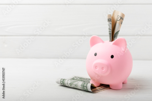 Piggy bank with dollars on white texture wood.Concept of saving money.Banking and savings. Place for text, space for copy.
