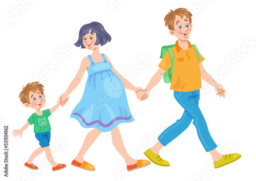 oung happy family goes hand in hand. Father, pregnant mother and little son. In cartoon style. Isolated on white background. Vector illustration