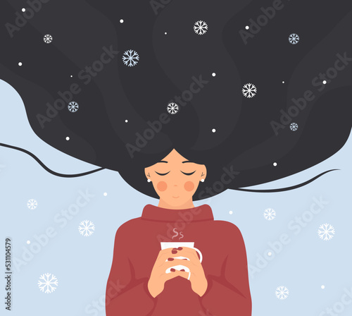 Happy girl with black long hair. Cute girl with snowflakes. 