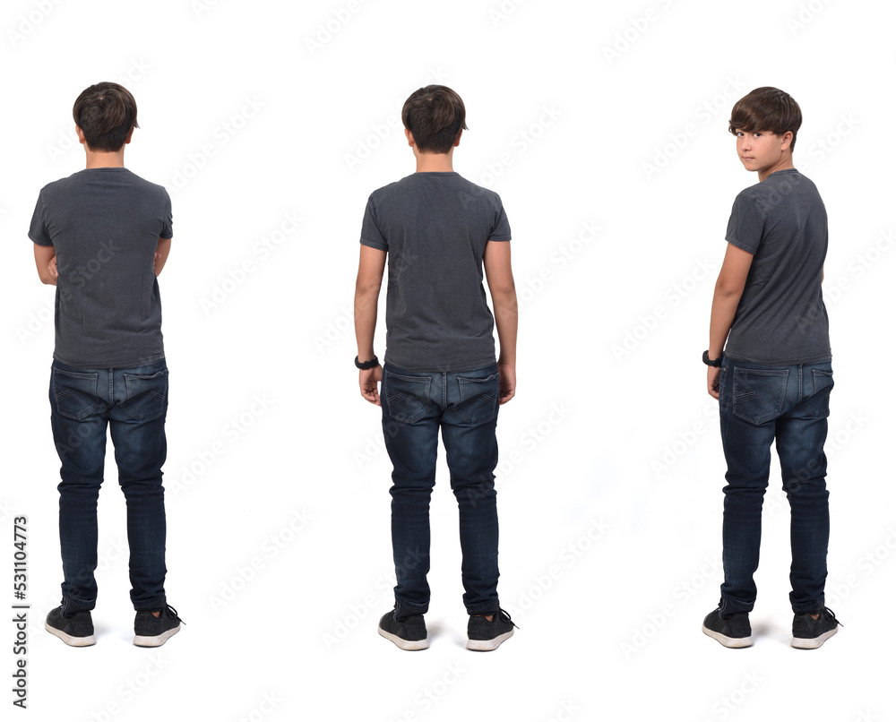 back view of same teenage boy standing, turned and looking at camera on white background, back view of same teenage boy standing, turned and looking at camera on white background,