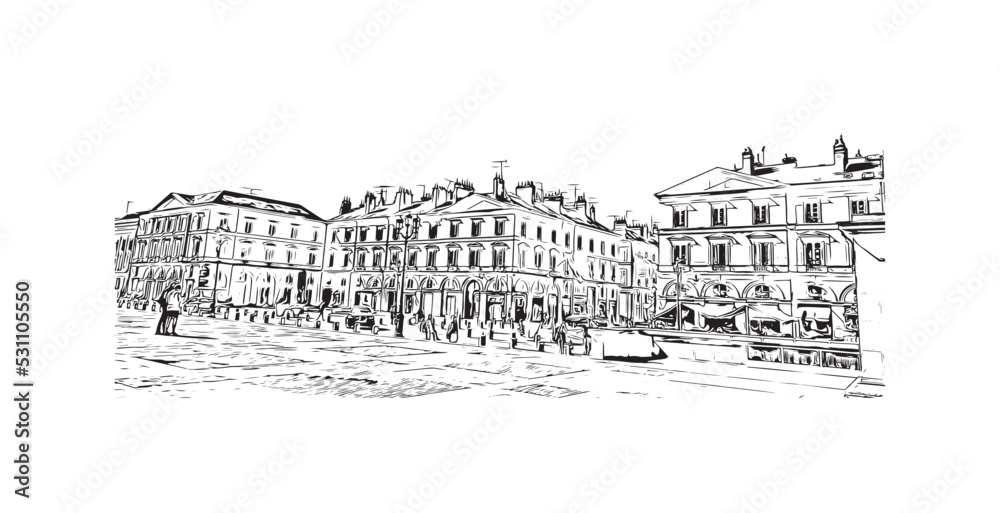Building view with landmark of Orleans is the 
city in France. Hand drawn sketch illustration in vector.