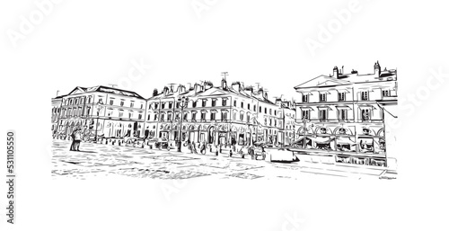 Building view with landmark of Orleans is the city in France. Hand drawn sketch illustration in vector.