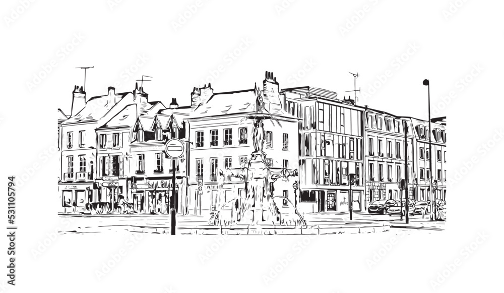 Building view with landmark of Orleans is the 
city in France. Hand drawn sketch illustration in vector.