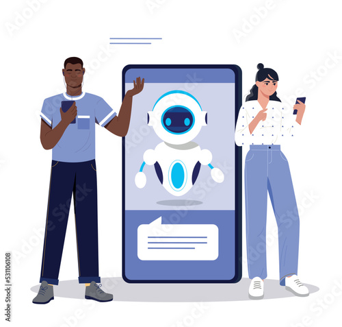 Communication with chatbot online. Artificial intelligence on smartphone screen answers user questions and solves problems. Man and woman talking with robot in app. Cartoon flat vector illustration