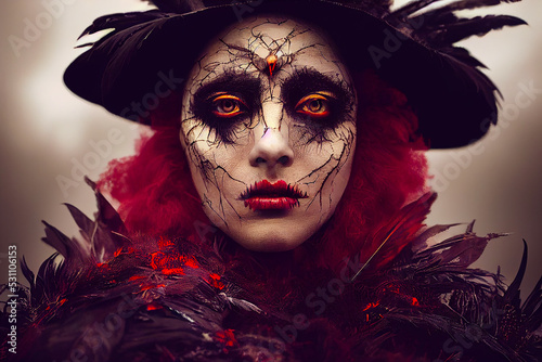 close-up portrait of a witch - red maiden coven, generative ai