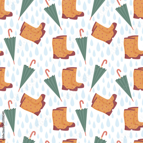 Autumn seamless pattern with rain drops, rubber boots and umbrellas. Fall background for scrapbooking, wrapping paper, fabric, textile.