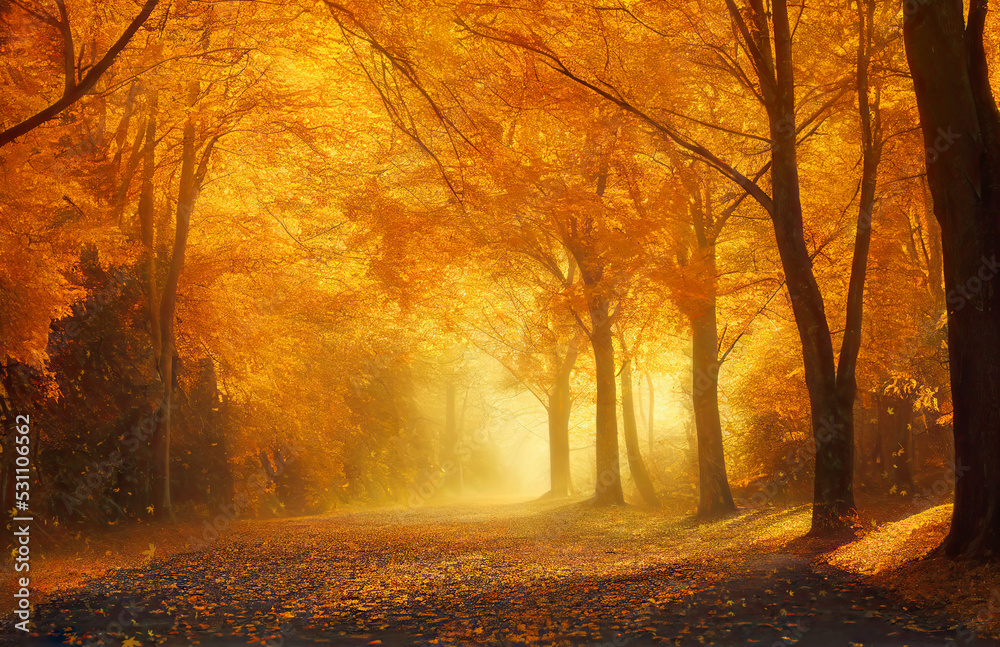 Golden trees along an autumn park alley, misty day, falling leaves. Generative AI illustration