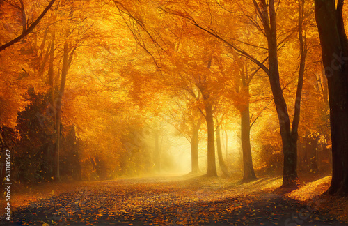 Golden trees along an autumn park alley  misty day  falling leaves. Generative AI illustration