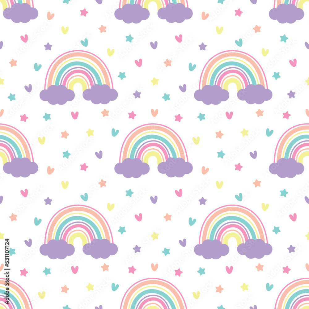 Fototapeta premium Baby seamless pattern with rainbow. Cute rainbows with clouds and hearts on white background seamless patter. Baby scandinavian vector hand drawn illustration ideal for textiles and newborn clothes