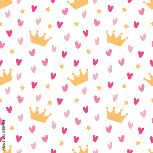 Seamless pattern with doodle gold crowns, hearts and stars. Vector baby girl wallpaper, Little princess design.  Can be used to design children's clothing, birthday invitation.