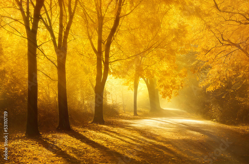 Sunlit alley in autumn park, golden leaves and yellow mist. Generative AI illustration © ChaoticDesignStudio