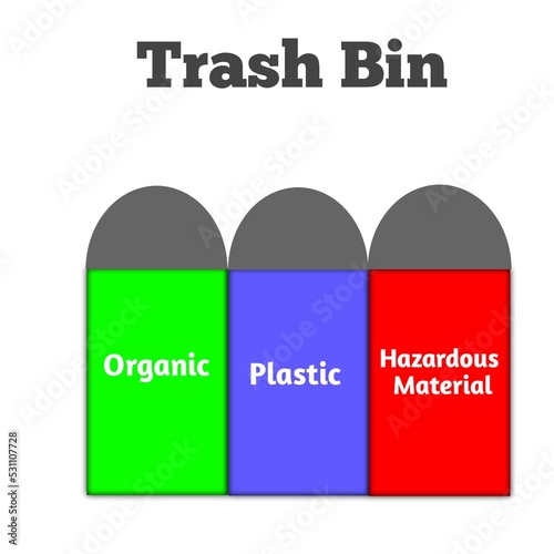 Green, blue, and red trash bin illustration 