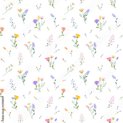 Vector floral seamless pattern. Set of leaves, wildflowers, twigs, floral arrangements. Beautiful compositions of field grass and bright spring flowers on white background. © MySunShine