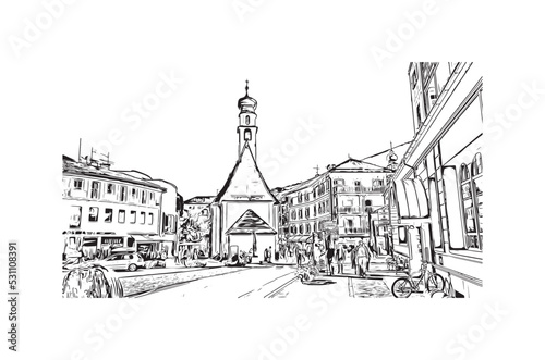 Building view with landmark of Urtijei is the town in Italy. Hand drawn sketch illustration in vector.