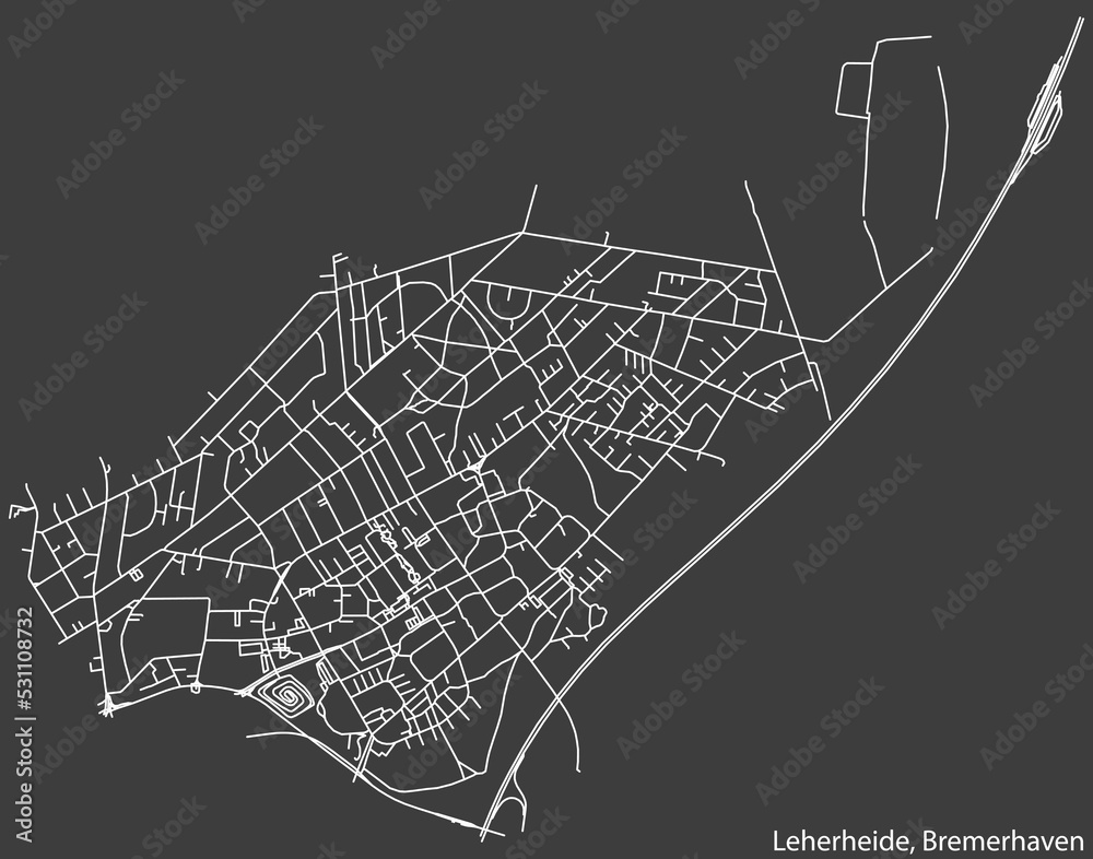 Detailed negative navigation white lines urban street roads map of the LEHERHEIDE DISTRICT of the German regional capital city of Bremerhaven, Germany on dark gray background